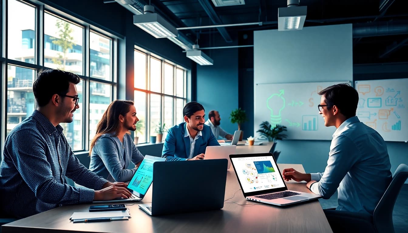 A dynamic team at a social media agency strategizing in a vibrant office environment.