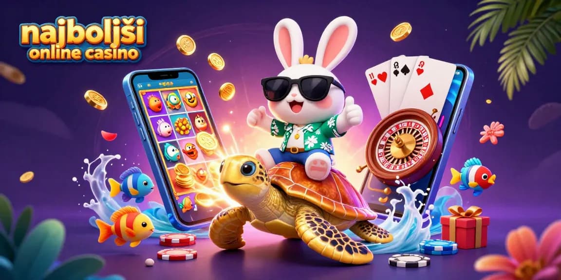 Najboljši online casino: Srečen zajec in zlata želva uživata ob igranju casino iger.