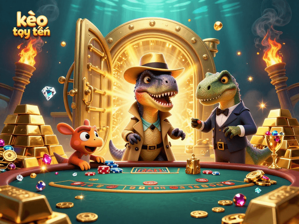 Bet on kèo trực tuyến with a cartoon velociraptor card counter at a busy blackjack table filled with gold and treasures.
