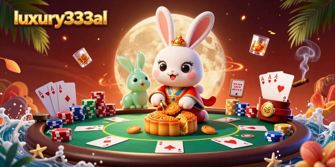 Experience luxury333al with a dynamic scene showcasing a moon rabbit uncovering poker chips amidst casino elements.