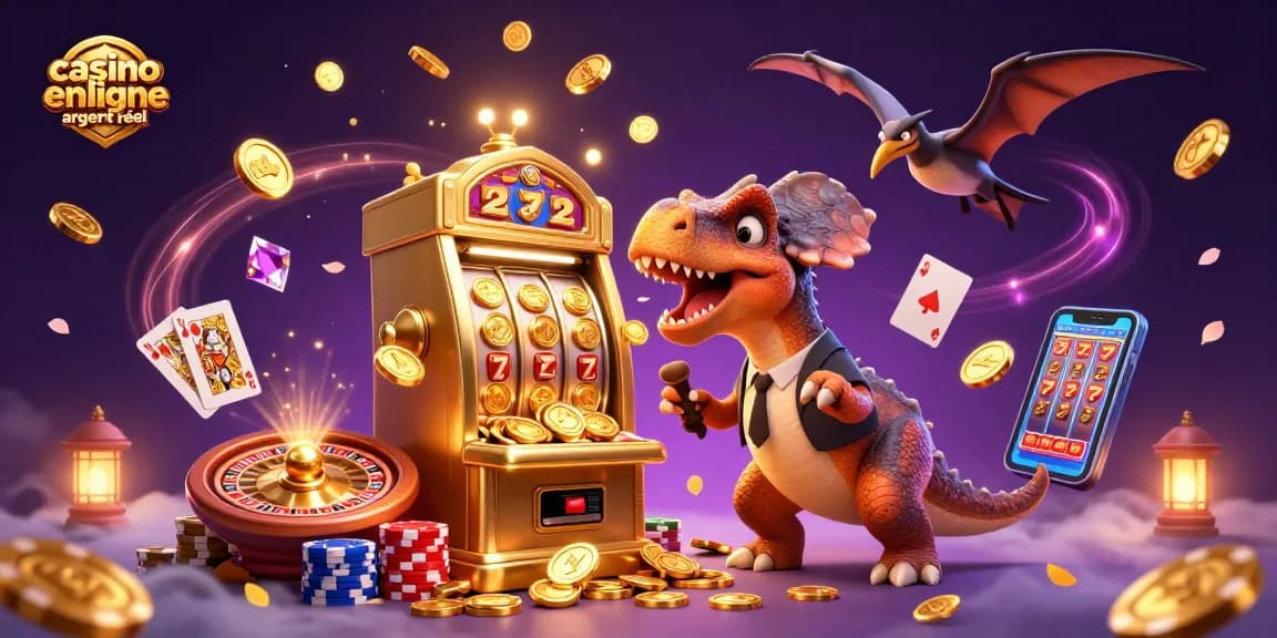 Des personnages animés illustrent un casino en ligne argent réel, avec un dinosaure remportant des gains.