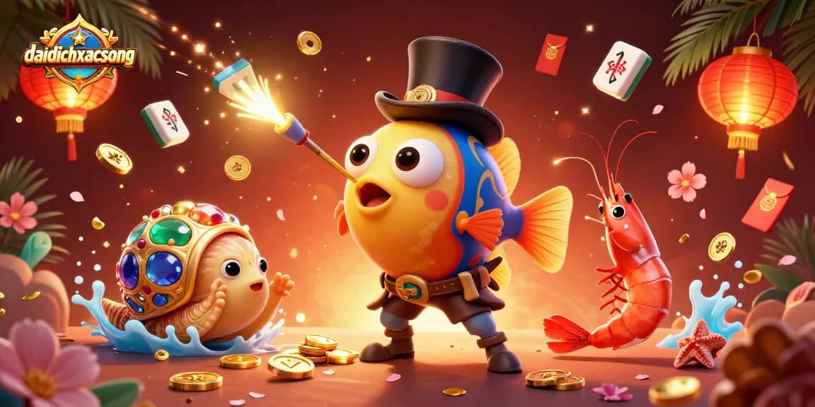 Catch big wins in daidichxacsong as a cartoon anglerfish attracts coins amidst gaming elements.