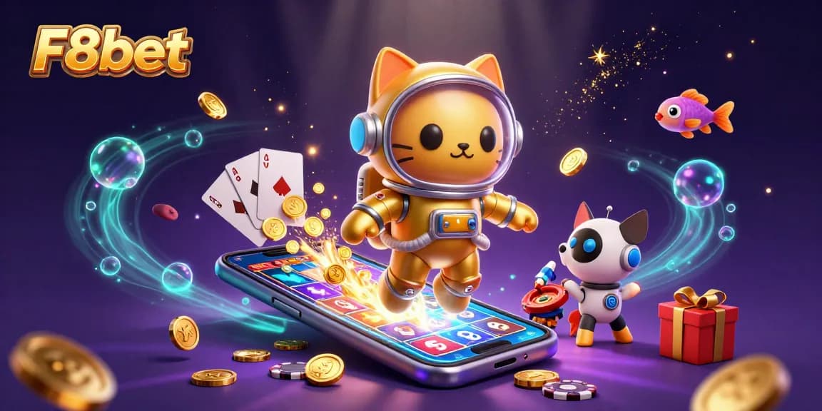 Join F8bet for thrilling slot game action featuring an astronaut cat and robot dog in space!