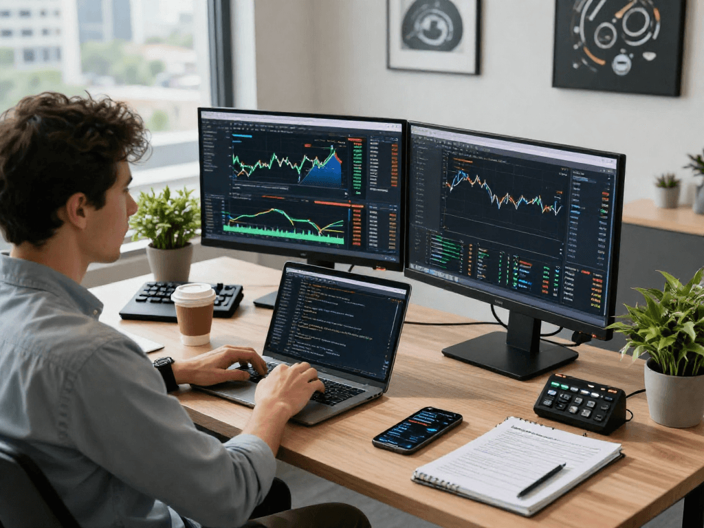 TradingView workspace scene featuring a trader analyzing market data and charts in a modern office.