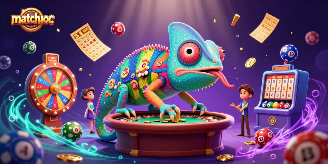 Engage with matchuoc's thrilling casino experience through vibrant 3D illustration featuring a colorful chameleon.