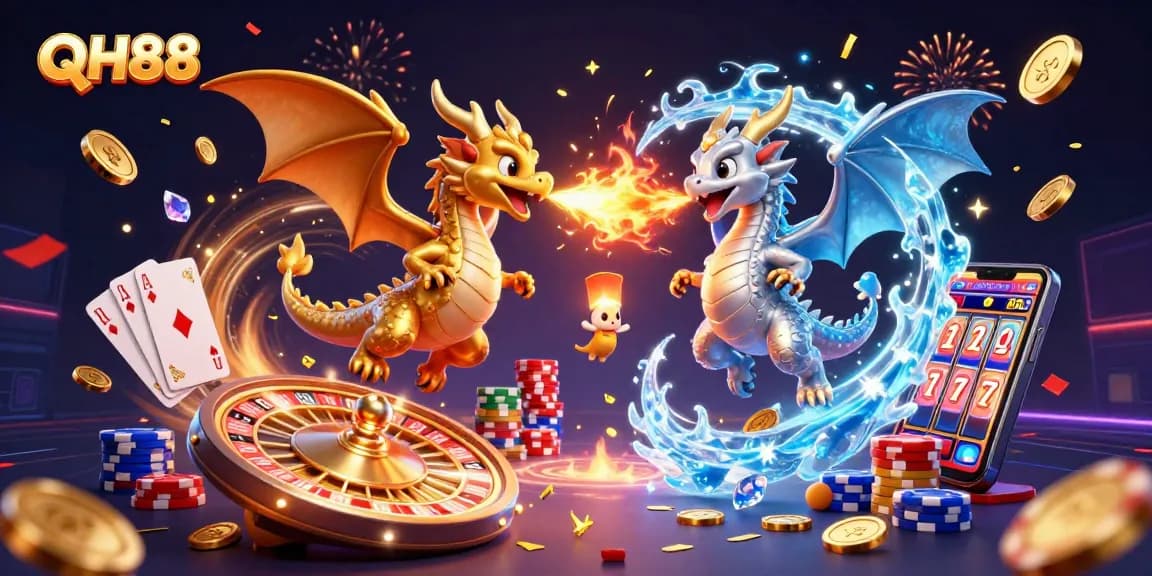 Experience QH88's dynamic gaming world with dragons battling in a vibrant casino atmosphere.