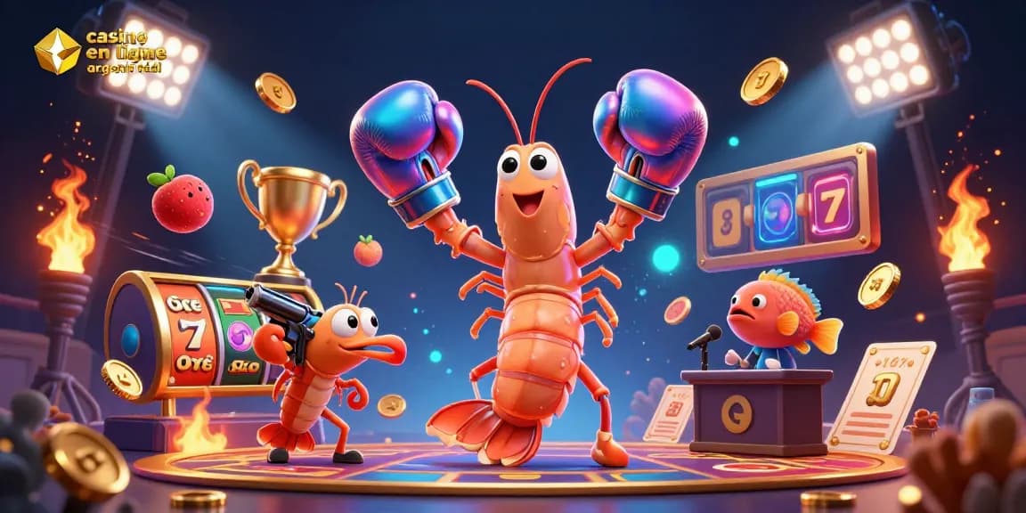 Découvrez le monde des jeux avec casino en ligne argent réel et une illustration de crevettes colorées aux gants de boxe.