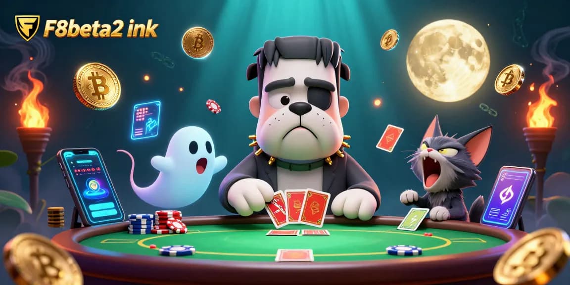 Engage in thrilling poker with F8beta2 ink, featuring a Frankenstein bulldog dealer and ghostly elements.