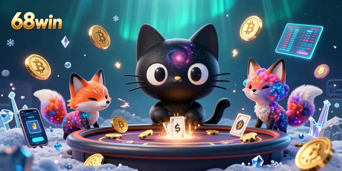Engage with 68win's cosmic gaming scene featuring a black hole cat and nebula fox drawing in players.