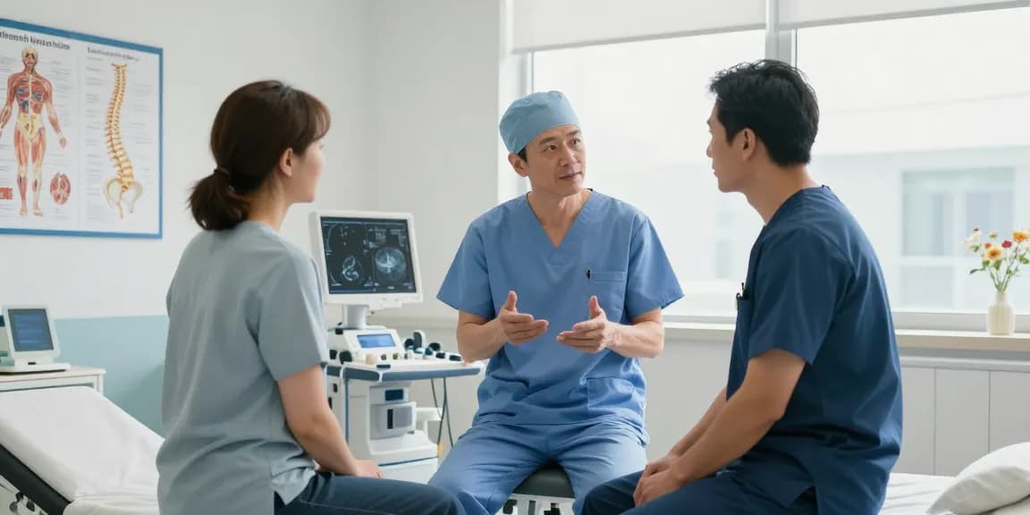 Bel fıtığı ameliyatı discussion in a modern healthcare setting with a surgeon and patient.
