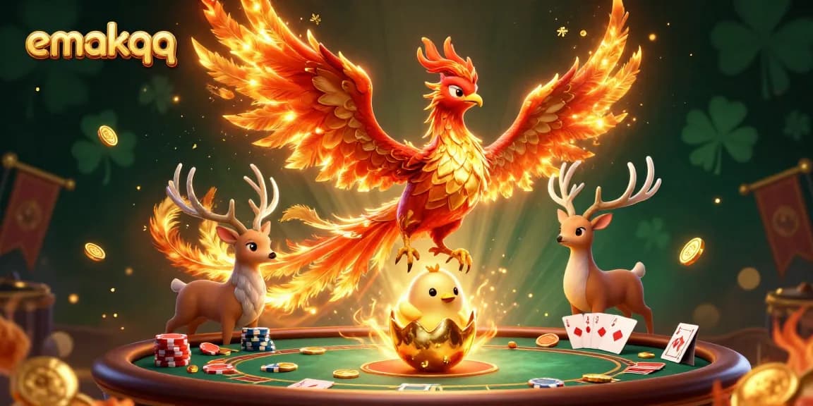 Experience the thrill of emakqq with rich casino elements and a vibrant phoenix-themed illustration.