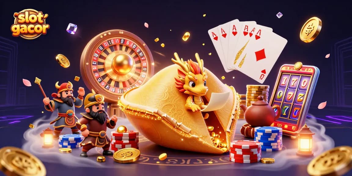 Experience thrilling slot gacor action with a vibrant 3D casino scene filled with fortune characters.