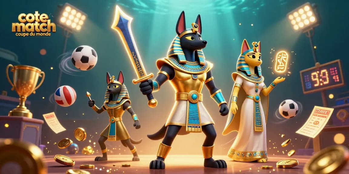 Pariez sur les cotes match coupe du monde avec des illustrations dynamiques d'Anubis et Bastet entourés d'éléments sportifs.