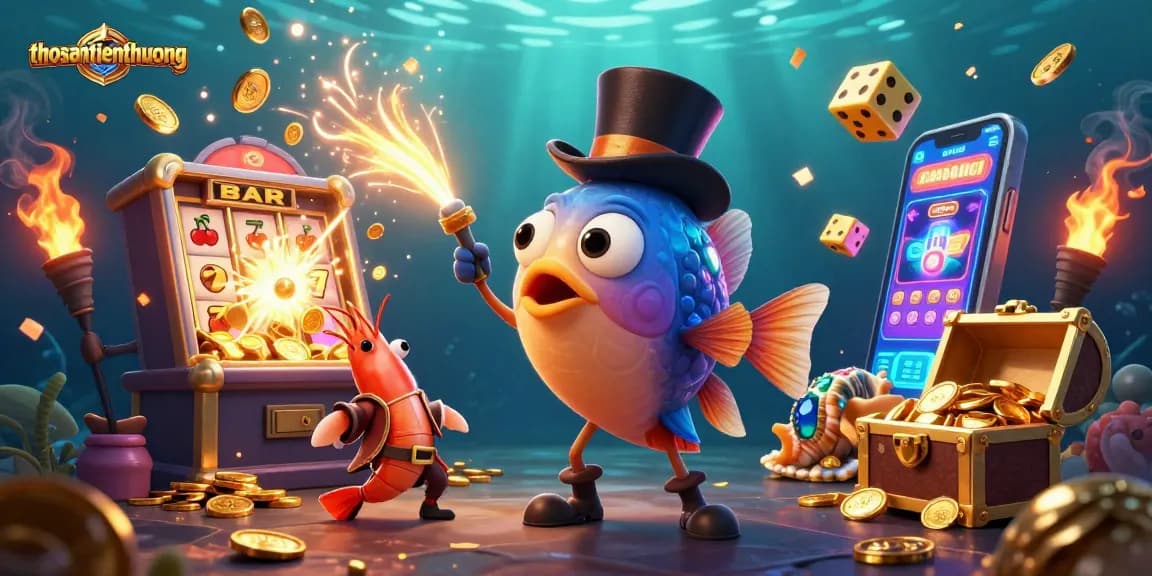 Engage in thrilling action with thosantienthuong, where cartoon characters lure golden coins in a vibrant casino scene.