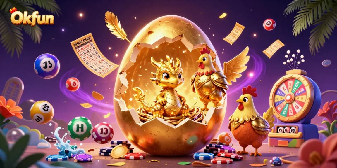 Exciting Okfun casino scene featuring a golden egg with dragon and poker chips amidst festive lottery elements.