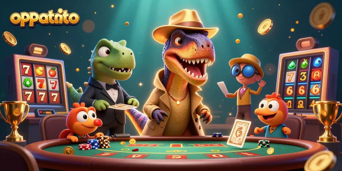 Experience thrilling casino action with oppatoto featuring cartoon dinosaurs and vibrant gaming elements.