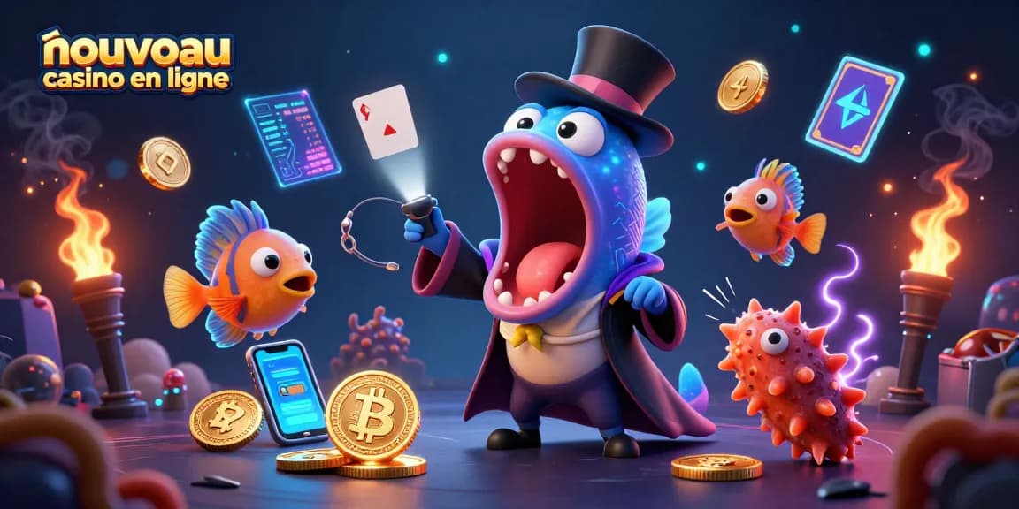 Jouez au nouveau casino en ligne avec une illustration 3D colorée d'animaux marins animant des jeux de cartes.
