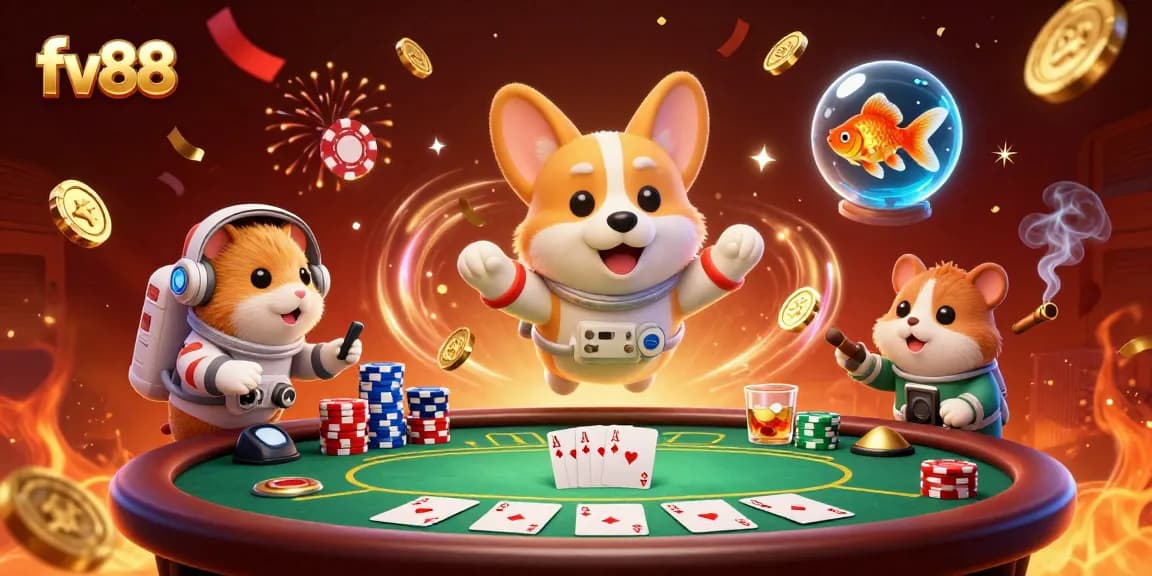Experience thrilling moments at fv88 as a corgi astronaut plays poker in a vibrant casino.