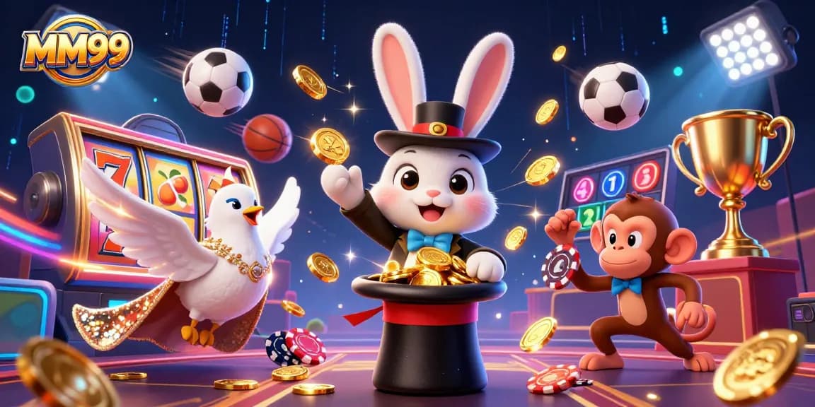 Engage in MM99 slots as a cartoon magician reveals golden coins surrounded by vibrant gaming elements.