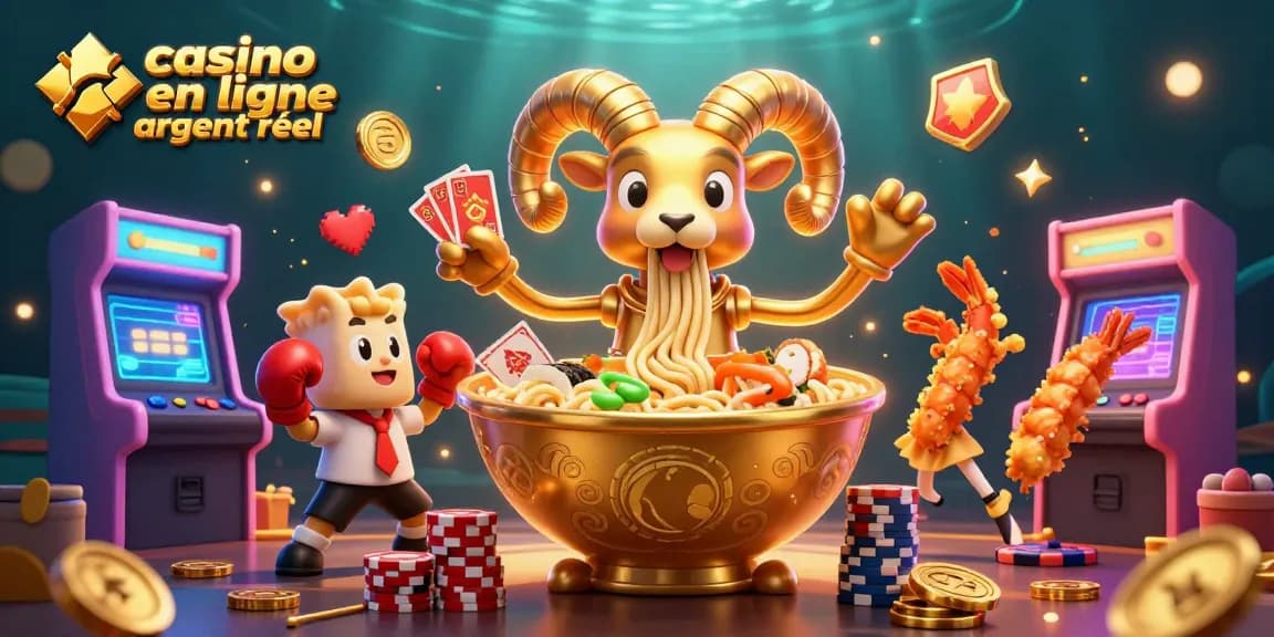 Illustration représentant un casino en ligne argent réel avec des personnages de jeux amusants et des éléments de casino colorés.