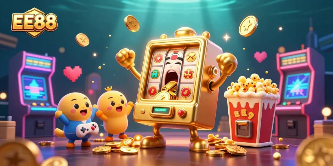 EE88 slot machine hitting the jackpot, surrounded by cheering baby slots and popcorn machine.