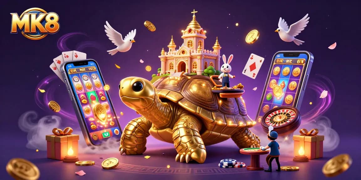 Experience the thrilling atmosphere of MK8 with a vivid 3D illustration of a golden tortoise casino, showcasing exciting gambling elements.