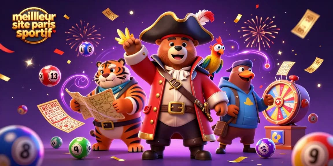 Pariez sur le meilleur site de paris sportif avec des personnages animés dans une scène festive colorée.