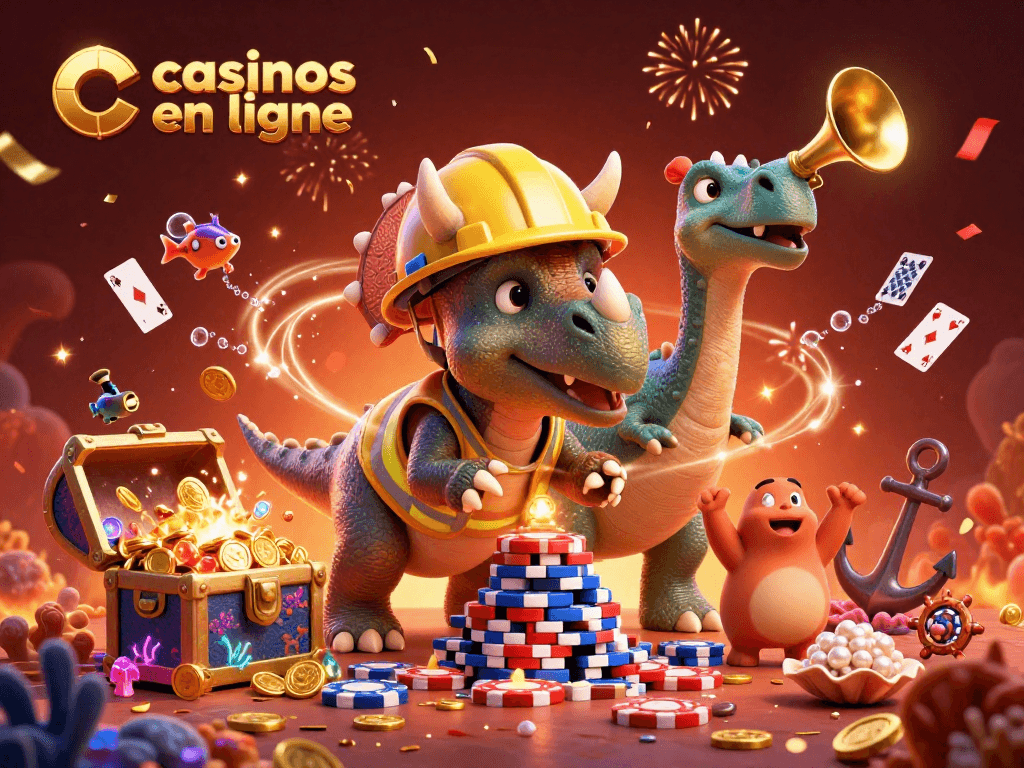 Les casinos en ligne célèbrent avec un triceratops bâtissant une pyramide de jetons en feu d'artifice scintillant.