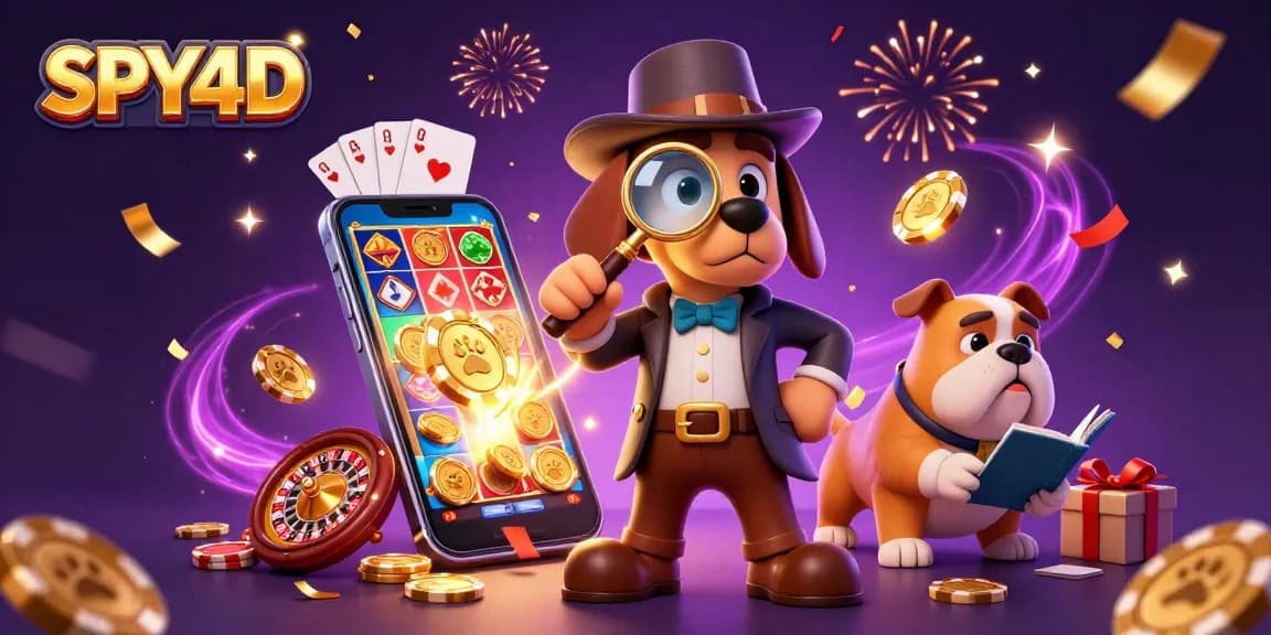 SPY4D bermain slot dengan karakter detektif dan bulldog di tengah festival kasino yang meriah.