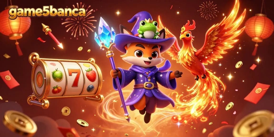 Experience the excitement of game5banca with vibrant slot reels and magical characters in an immersive scene.