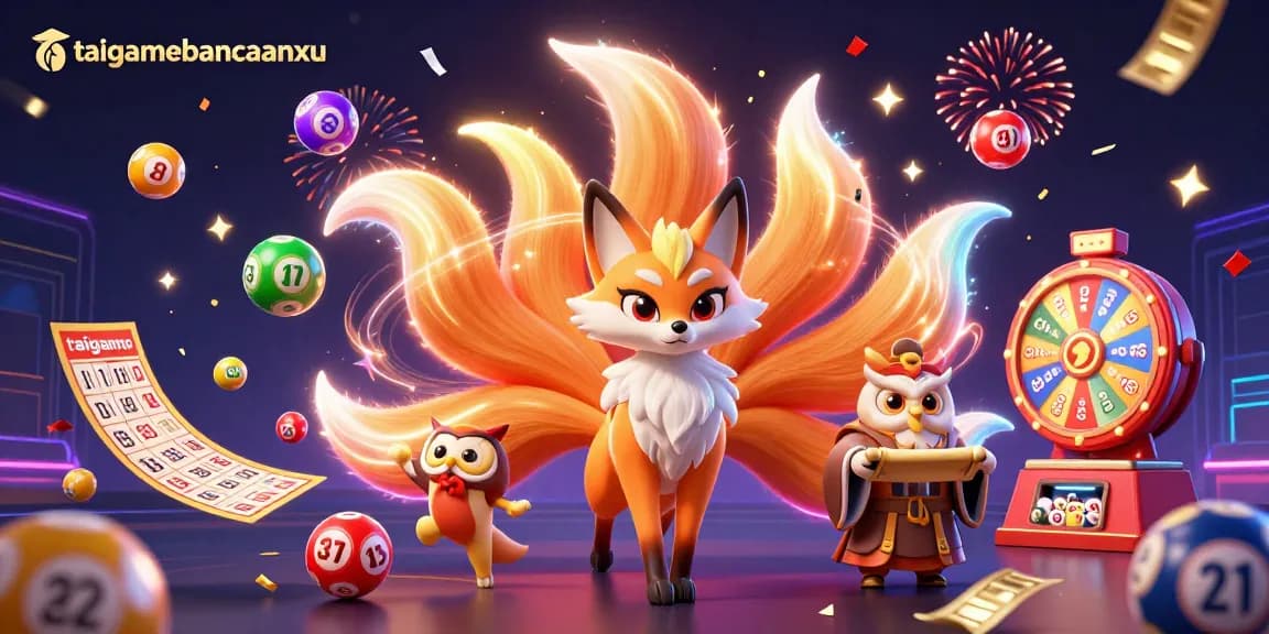 Experience taigamebancaanxu excitement with a vibrant 3D scene of a nine-tailed fox and owl amidst lottery elements.