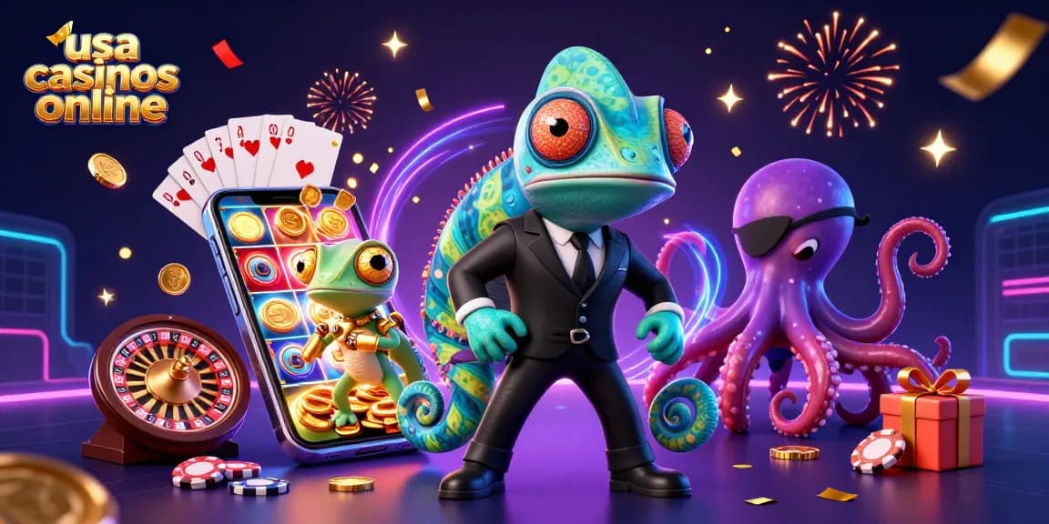 Experience excitement at usa casinos online with a colorful 3D casino scene featuring a secret agent chameleon, a tech-savvy gecko, and an octopus surrounded by thrilling game elements.