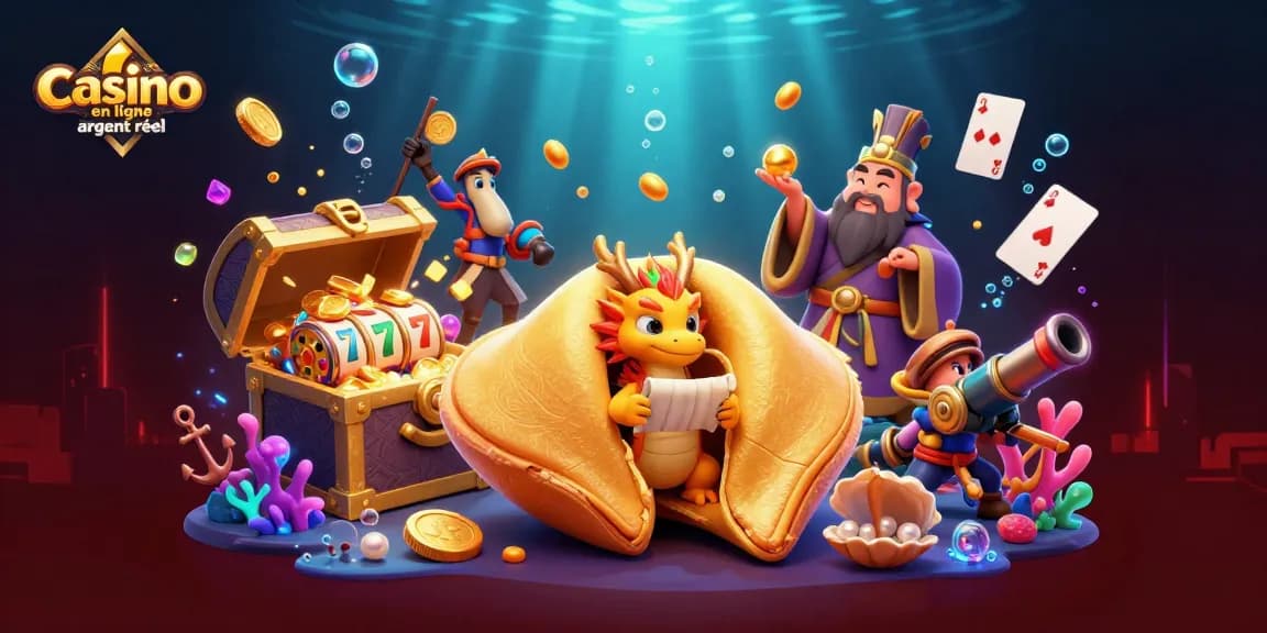 Illustration immersive représentant un casino en ligne argent réel avec des personnages fantastiques et des éléments de jeu captivants.