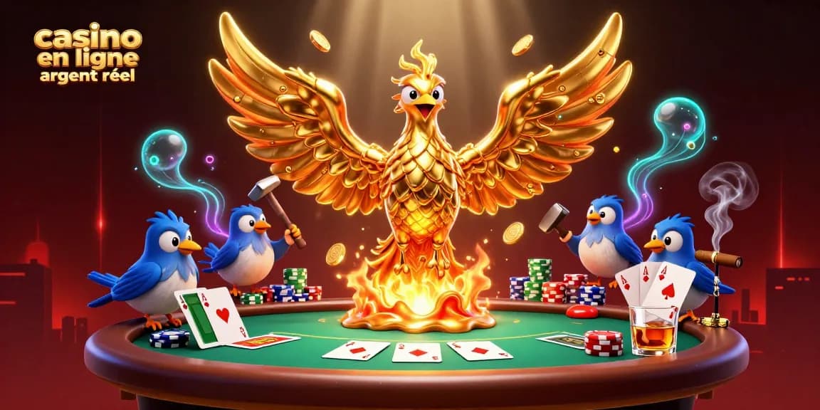 Jouez au casino en ligne argent réel avec des éléments de poker animés et un phénix en or.