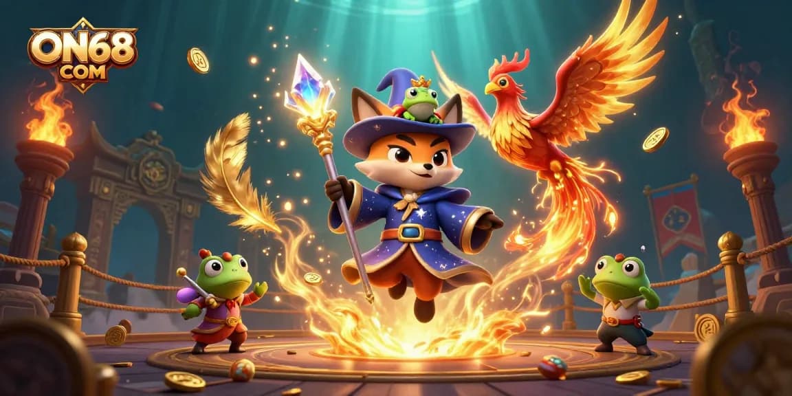 Experience thrilling gaming action at ON68 COM with vibrant characters in a rich casino atmosphere.