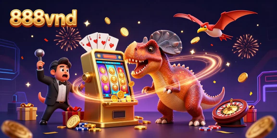888vnd showcases a pachycephalosaurus winning coins from a slot machine in a dynamic casino scene.