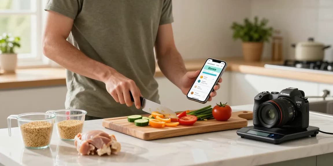 Healthy meal prep scene using the best AI macro tracker app to manage nutrients.