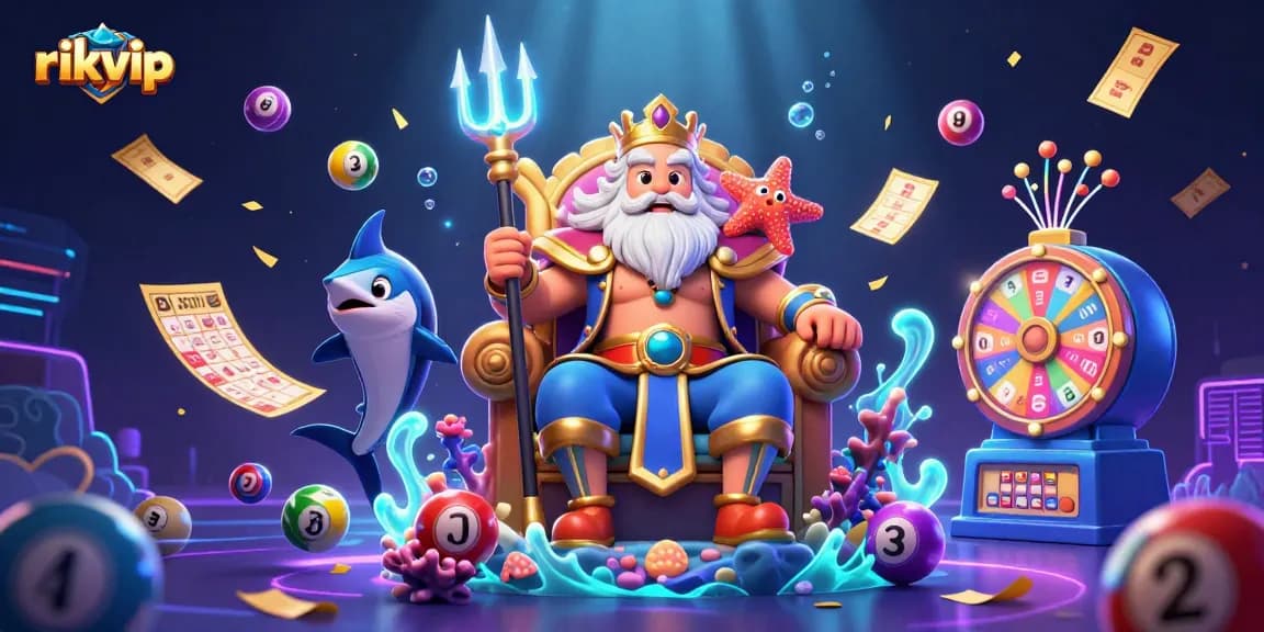 Experience gaming excitement with RIKVIP's vibrant lottery and casino-themed underwater scene.