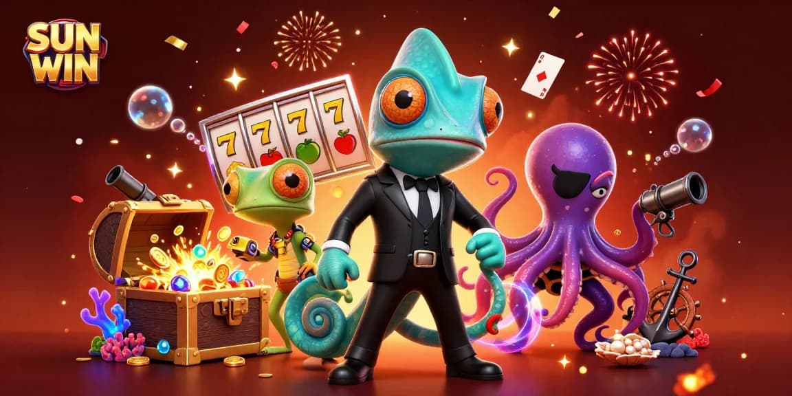 SUN WIN slot game scene with cartoon agents and underwater treasures in a vibrant atmosphere