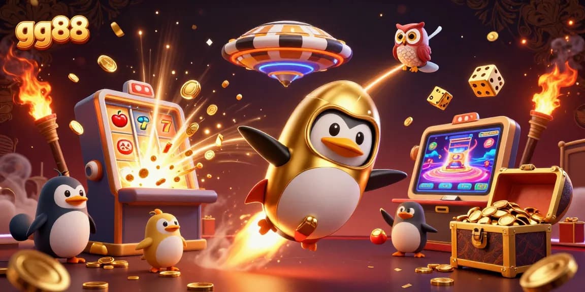 Bet on gg88's exciting gaming adventures with a vibrant penguin racing towards the jackpot!