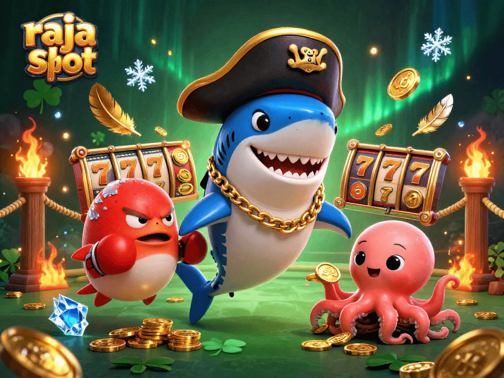 Engage with raja slot's thrilling jackpot adventures featuring a pirate shark and friends.