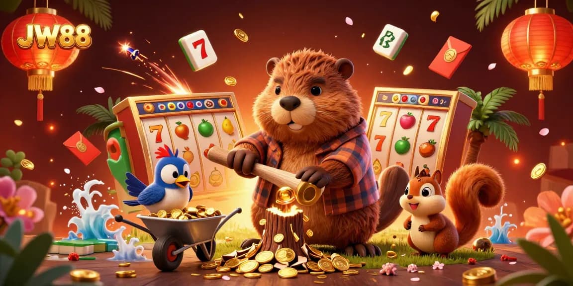 Experience the thrill of JW88 with a vibrant 3D illustration showcasing a whimsical beaver, surrounded by exciting casino elements.