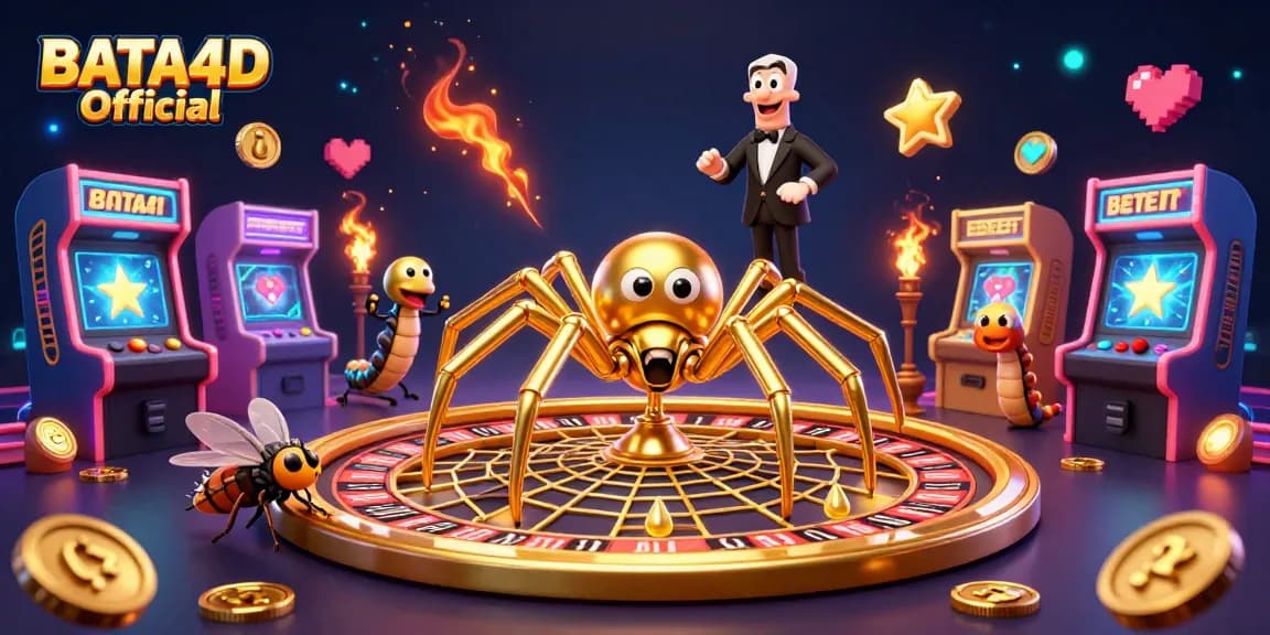 BATA4D Official showcases a golden spider and centipede croupier amidst vibrant casino-themed elements.