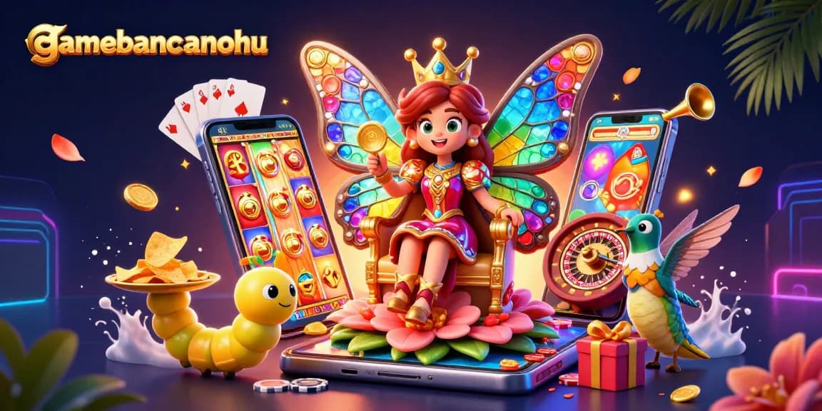 Experience gamebancanohu's colorful slot games and vibrant casino atmosphere through this captivating illustration.