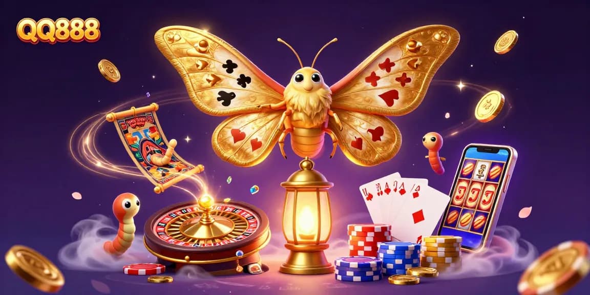 Engage in exciting casino adventures with QQ888, featuring a vibrant illustration of golden wings and cascading coins.