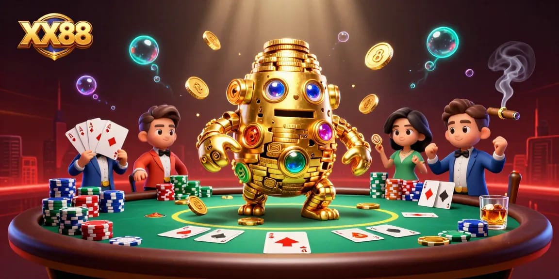 Engage with XX88's thrilling casino experience, featuring a golden golem amidst vibrant poker elements.