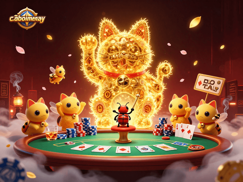 Experience caoboimientay's thrilling adventures with a golden lucky cat and casino elements.