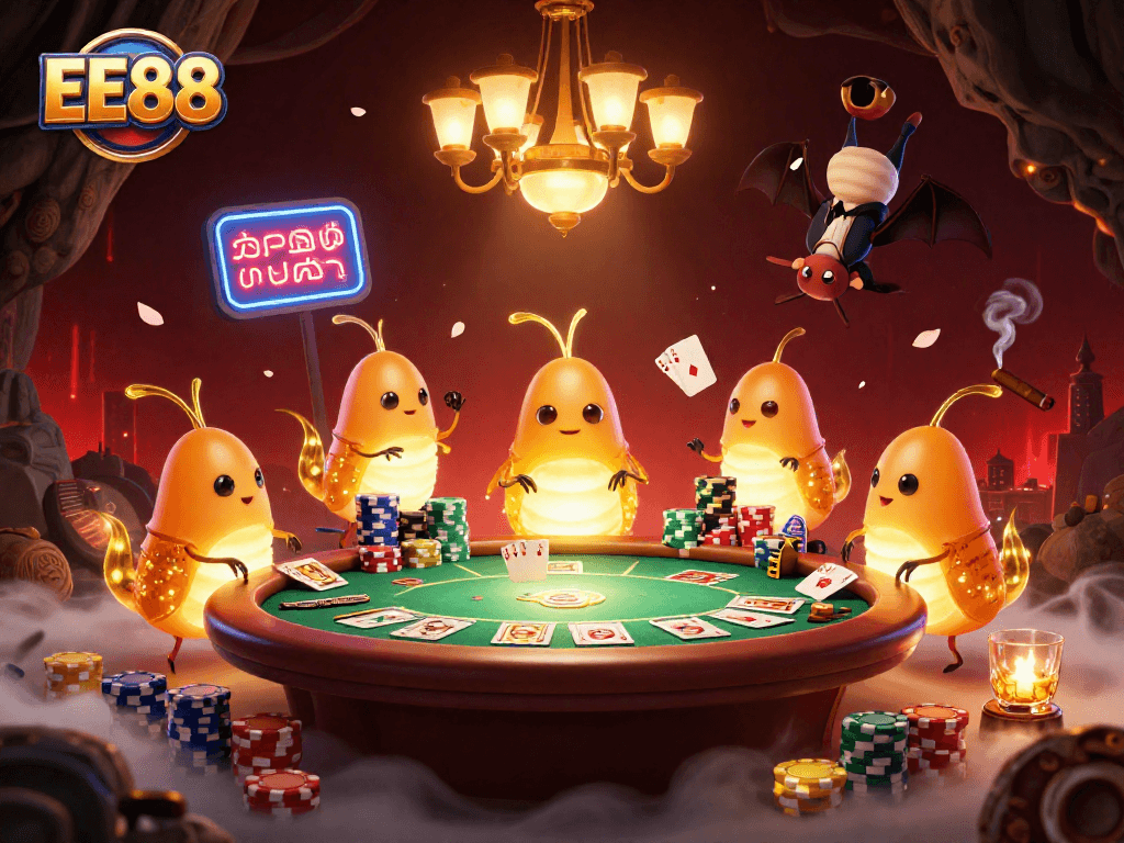 Experience EE88's vibrant cave casino scene with glowworms illuminating the poker table.