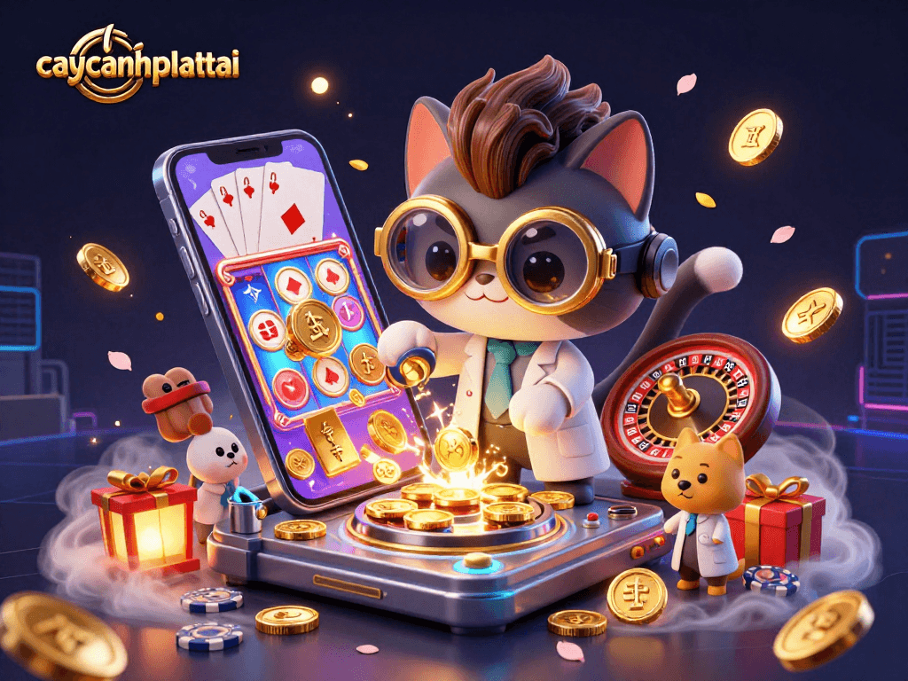 Experience vibrant gameplay in caycanhphattai with a playful mad scientist cat and dog in a lively casino setting.