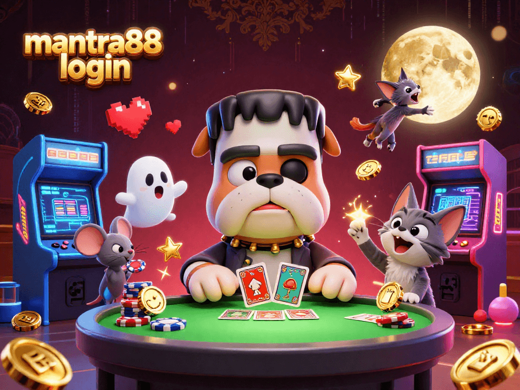 Join the fun with mantra88 login at a vibrant casino scene featuring a bulldog dealer and whimsical creatures!